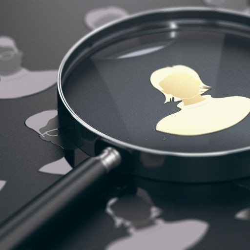 Black background with silhouettes of men and women with focus on a golden talent and a magnifying glass. Staffing concept. 3D illustration